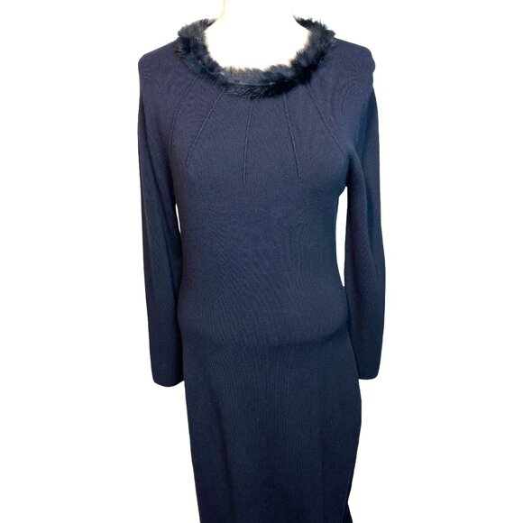Max Studio Black Fuzzy Collar Long Sleeve Knit Dress knee length medium - Picture 1 of 10